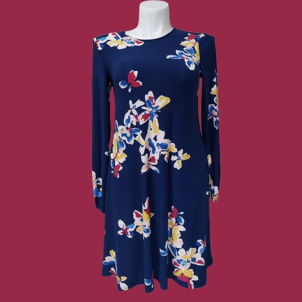 Nine West Size 4 Bold Butterfly Abstract Print Trapeze Flowy Long Sleeve Dress